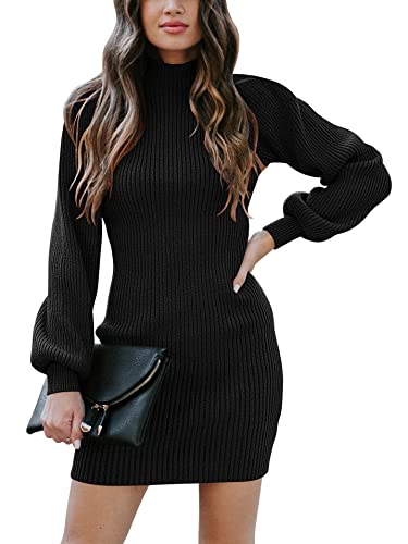 ANRABESS Womens Turtleneck Long Sleeve Slim Bodycon Pullover Sweater Dress A145hei-M Black