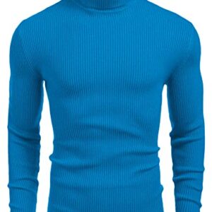 COOFANDY Mens Ribbed Slim Fit Knitted Pullover Turtleneck Sweater Blue