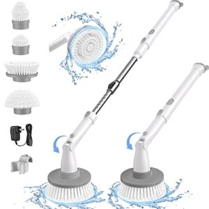 Electric Spin Scrubber, kHelfer KH8W Cordless Shower Scrubber with 4 Replacement Head, 1.5H Bathroom Scrubber with Dual Speed, Household Cleaning Brush with Extension Arm for Bathtub Grout Tile Floor