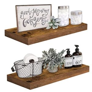 QEEIG Floating Shelves Wall Shelf 24 inches Long Farmhouse Bathroom Bedroom Kitchen Living Room Wall Mounted 24 x 9 inch Set of 2, Rustic Brown (008-60BN)