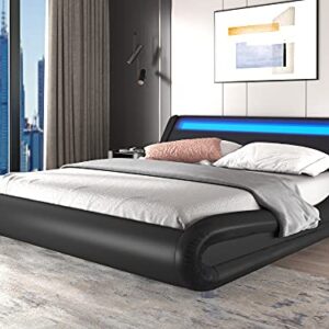 SHA CERLIN Upholstered Modern Bed Frame with LED Headboard / Mattress Foundation / No Box Spring Needed / Strong Wood Slats Support / Easy Assemble, Black, Queen Size