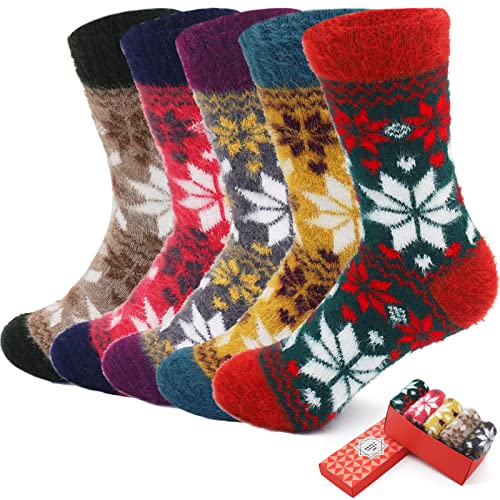 Socks Women, ICEIVY Soft Knit Wool Winter Thick Warm Cabin Fuzzy Crew Women Socks 5 Pack (Multicolor-E)