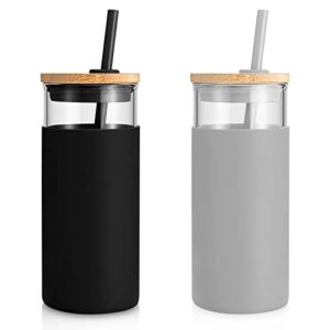 tronco 20oz Glass Tumbler Straw Silicone Protective Sleeve Bamboo Lid - BPA Free (Black French Grey)