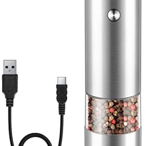 Electric Pepper Grinder or Salt Grinder Mill - USB Rechargeable - No Battery Needed Modern Style - Automatic Black Peppercorn or Sea Salt Spice Mill with Adjustable Coarseness & LED Light Refillable