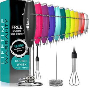 ElitaPro ULTRA-HIGH-SPEED 19,000 RPM, Milk Frother DOUBLE WHISK, Unique Detachable EGG BEATER and STAND For quick preparation (Black)