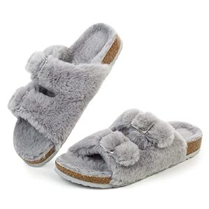 FITORY Womens Open Toe Slipper with Cozy Lining,Faux Rabbit Fur Cork Slide Sandals Gray Size 8
