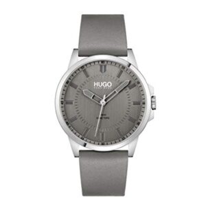 HUGO #First Men's Quartz Stainless Steel and Leather Strap Casual Watch, Color: Grey (Model: 1530185)