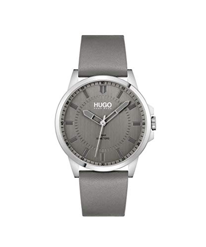 HUGO #First Men's Quartz Stainless Steel and Leather Strap Casual Watch, Color: Grey (Model: 1530185)