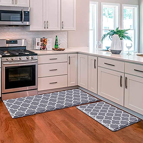 KMAT Kitchen Mat [2 PCS] 0.47inch Cushioned Anti-Fatigue Kitchen Rug, Waterproof Non-Skid Kitchen Mats and Rugs Heavy Duty PVC Ergonomic Comfort Standing Mat for Kitchen, Floor Office, Laundry,Grey