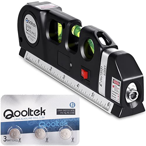 Laser Level, Qooltek Multipurpose Cross Line Laser 8 feet Measure Tape Ruler Adjusted Standard and Metric Rulers for hanging pictures