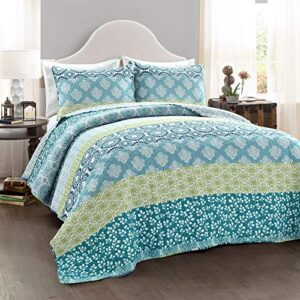 Lush Decor Bohemian Striped Quilt Reversible 3 Piece Bedding Set, King, Blue and Green