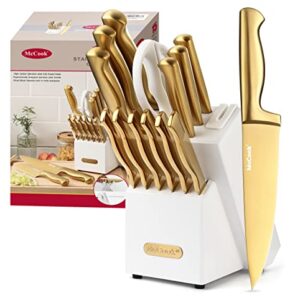 McCook® MC21G Knife Sets,15 Pieces Luxury Golden Titanium Kitchen Knife Block Sets with Built-in Sharpener