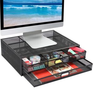 Monitor Stand with Drawer, Monitor Stand, Monitor Riser Mesh Metal, Desk Organizer, Monitor Stand with Storage, Desktop Computer Stand for PC, Laptop, Printer - HUANUO