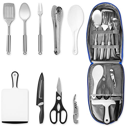 NEXGADGET Camping Kitchen Utensil Set, Portable 9-Piece Stainless Steel Outdoor Cooking and Grilling Utensil with Organizing Bag, Cookware Kit Perfect for Travel, Picnics, RVs, Camping, BBQs and More