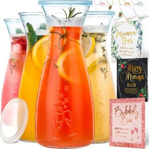 PRESTIGE Mimosa Bar Kit - 4 Glass Carafe with Lids 27oz & Brunch Decor, Mimosa Pitcher w/ Plastic Carafe Lid, Juice Carafes for Mimosa Bar Supplies, Baby Bridal Shower Decorations (4 Set)