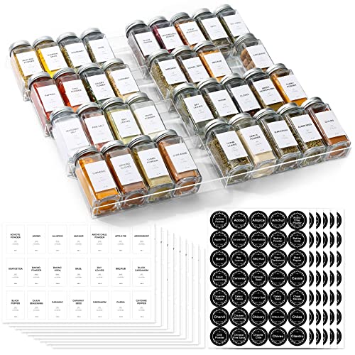 Spice Drawer Organizer with 35 Spice Jars, 328 Labels, Sift and Pour Shake Lids with Airtight Aluminium Caps, 4 Tier (2 Set) Clear Acrylic Drawer/Countertop Tray Rack with Seasoning Containers