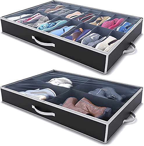 Woffit Under Bed Shoe Storage Organizer – Fits 16 Pairs of Shoes & 4 Pairs of Boots in Sturdy Box w/ Strong Zipper & Handles – Underbed Organizers for Kids & Adults