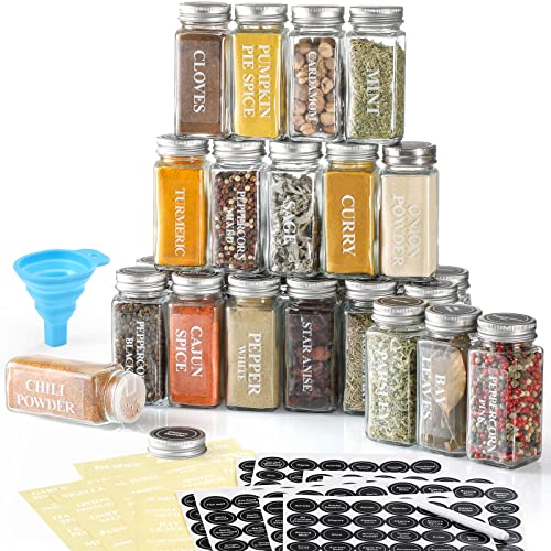 AOZITA 24 Pcs Glass Spice Jars / Bottles with Spice Labels - 4oz Empty Square Spice Containers, Condiment Pot - Shaker Lids and Airtight Metal Caps - Silicone Collapsible Funnel Included