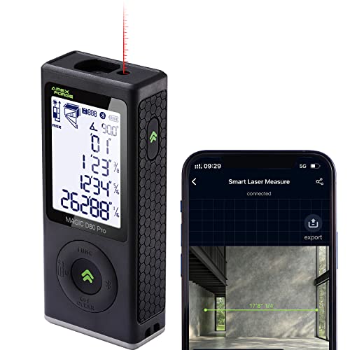 APEXFORGE Magic D80 Pro Bluetooth Laser Measure, 262ft Real-time Measuring, USB-C Rechargeable, Multiple Units, Backlit LCD, Angle, Area, Volume, and Pythagorean, Mute, Up to 10000 Sets Data Storage