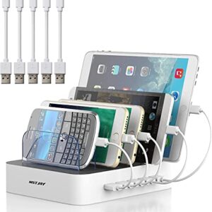 Charging Station for Multiple Devices, MSTJRY 5 Port Multi USB Charger Station with Power Switch Compatible with iPhone iPad Cell Phone Tablets (White, 5 Mixed Short Cables Included)