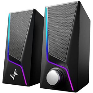 Computer Speakers, RGB PC Speakers with 6 Colorful LED Modes, USB Powered Computer Speakers for Desktop with 2 Bass-Boost Ports, 2 Speaker Units and 3.5mm Aux-in Cable for PC, Laptop, Tablet, Phone