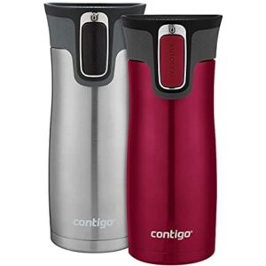 Contigo Autoseal West Loop Vacuum-Insulated Stainless Steel Travel Mug, 16 Oz, Color-Stainless Steel & Very Berry, 2-Pack