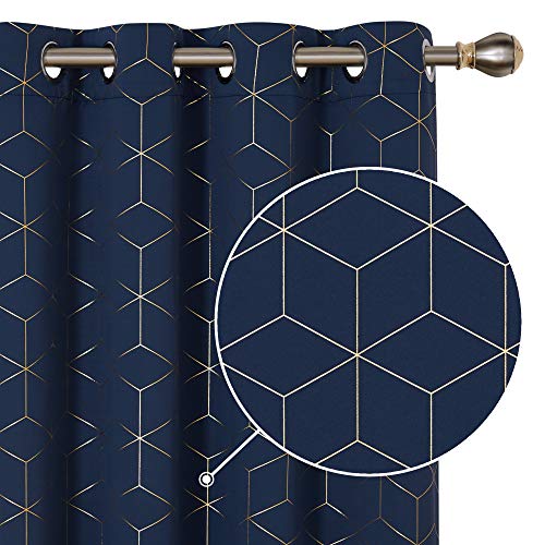 Deconovo Blackout Curtains Gold Diamond Foil Print Room Curtains 52W x 84L Inch, Thermal Insulated Noise Reducing Window Grommet Drapes Living Room Navy Blue 2 Panels