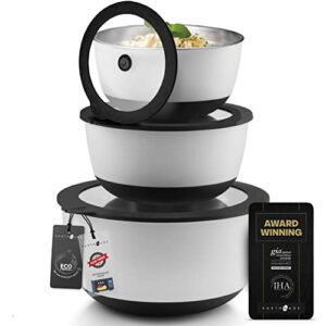 Earthmade Evolution Microwave Stainless Steel Mixing Bowl with Lid Set, 1.5qt. 3qt. 4.5qt.Tempered Glass Lids- Glass Mixing Bowl Alternative, Eco Friendly