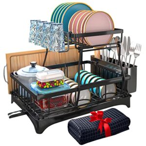 Godboat Dish Drying Rack, Dish Rack with Extra Drying Mat, 2-Tier Dish Racks for Kitchen Counter, Kitchen Gadgets with Drainboard & Utensil Hooks, Kitchen Organization & Decor, Gifts for Women & Men