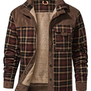 Haellun Men's Long Sleeve Sherpa Lined Shirt Jacket Flannel Plaid Fleece Coats (Large, Coffee)