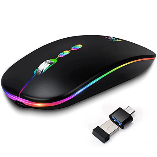 HOTLIFE LED Wireless Mouse, Slim Rechargeable Silent Bluetooth Mouse, Portable USB Optical 2.4G Wireless Bluetooth Two Mode Computer Mice with USB Receiver and Type C Adapter (Black)
