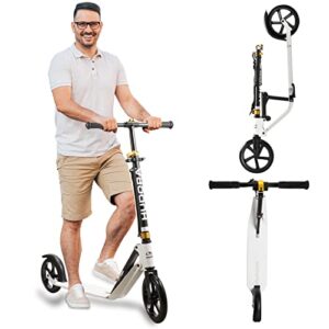 Hudora 230 Adult Scooters Folding Height Adjustable Kick Scooters, Scooter for Adults Supports Up to 265 lbs, Aluminum Commuter Scooter for Teens Outdoor Use (White)