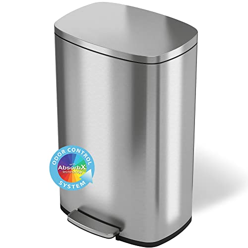 iTouchless SoftStep 13.2 Gallon Step Trash Can with Odor Filter System, Stainless Steel 50 Liter Pedal Garbage Bin for Kitchen, Home, Office, Silent and Gentle Lid Close