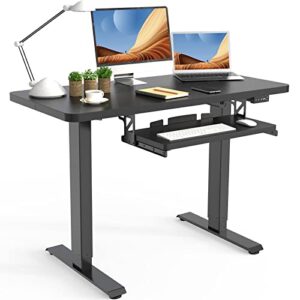 JOY worker Black Electric Standing Desk with Keyboard Tray, Splice Board 48 x 24 Inches Sit Stand Up Height Adjustable Desk with Memory Controller, Ergonomic Workstation for Home Office