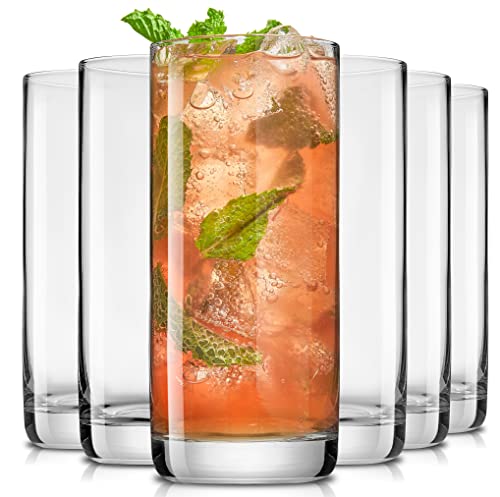 JoyJolt Faye 13oz Highball Glasses, 6pc Tall Glass Sets. Lead-Free Crystal Glass Drinking Glasses. Water Glasses, Mojito Glass Cups, Tom Collins Bar Glassware, and Mixed Drink Cocktail Glass Set