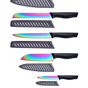 Knife Set- Marco Almond® KYA36 12-Piece Knife Set, 6 Knives with 6 Blade Guards, Dishwasher Safe Rainbow Titanium Stainless Steel Kitchen Knives Set with Sheath, Black