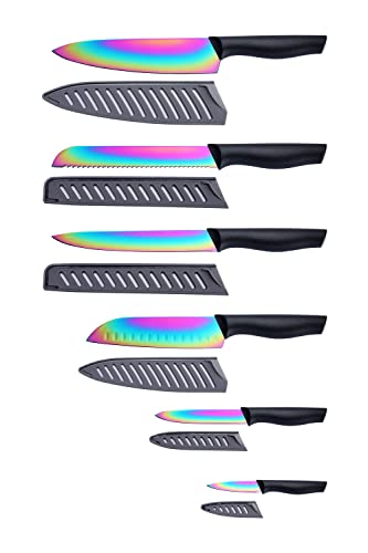 Knife Set- Marco Almond® KYA36 12-Piece Knife Set, 6 Knives with 6 Blade Guards, Dishwasher Safe Rainbow Titanium Stainless Steel Kitchen Knives Set with Sheath, Black
