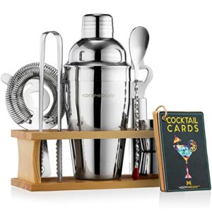 Mixology Bartender Kit with Stand | Silver Bar Set Cocktail Shaker Set for Drink Mixing - Bar Tools: Martini Shaker, Jigger, Strainer, Bar Mixer Spoon, Tongs, Opener | Valentine's Day Gift Idea