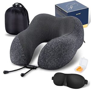 MLVOC Travel Pillow 100% Pure Memory Foam Neck Pillow, Comfortable & Breathable Cover, Machine Washable, Airplane Travel Kit with 3D Contoured Eye Masks, Earplugs, and Luxury Bag, Standard (Black)