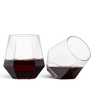 Munfix 32 Pack Diamond Shaped Plastic Stemless Wine Glasses Disposable 12 Oz Clear Plastic Wine Whiskey Cups Shatterproof Recyclable and BPA-Free