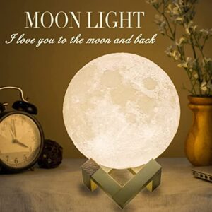 Mydethun 3D Moon Lamp with 7.1 Inch Wooden Base - LED Night Light, Mood Lighting with Touch Control Brightness for Home Décor, Bedroom, Gifts Kids Women New Year Birthday - White & Yellow