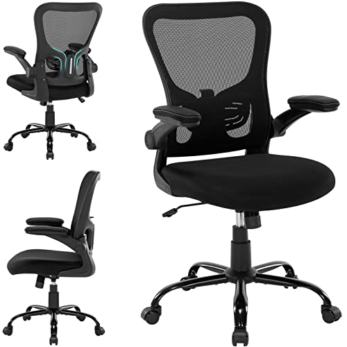 Office Chair Ergonomic Desk Chair - Mesh Thick Foam Cushion Adjustable Height Computer Chair with Lumbar Support and Flip-up Armrests, Home Office Desk Chairs, Swivel Executive Task Chair, Black
