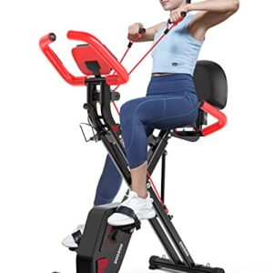 pooboo Folding Exercise Bike, Foldable Fitness Stationary Bike Machine, Upright Indoor Cycling Bike, 4-in-1 Magnetic X-Bike with 8-Level Adjustable Resistance, Bottle Holder, Arm Resistance Bands, Pulse Sensor & Back Support Cushion for Home Gym Workout (red)