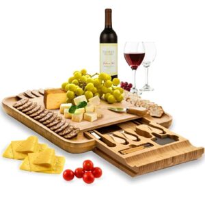 Premium Bamboo Cheese Board: Large Charcuterie Boards Set Including 4 Stainless Steel Knife & Wine Opener - Cheese Platter & Serving Tray - Ideal Valentines Day Gifts, Housewarming Gift, Wedding Gifts