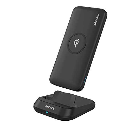 RapidX Myport 10000 mAh Power Bank, 10W Wireless Charging (Qi-Certified) & Charging Stand, 1 USB-C Input/Output (18W), 1 USB Output for iPhone and Android (Black)