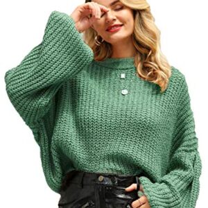 Simplee Women's Oversized Cropped Sweater Lantern Long Sleeve Loose Knit Pullover Sweater (Green 0-12)
