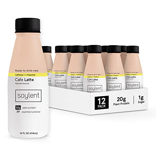 Soylent Plant Based Meal Replacement Shake with Caffeine and l-Theanine, Cafe Latte – Contains 20g Complete Vegan Protein, Ready to Drink – 14oz, 12 Pack