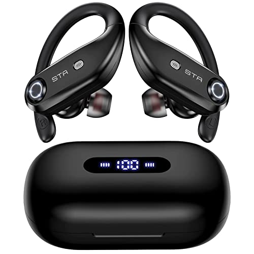 STADOR Bluetooth Headphones 4-Mics Clear Call 100Hrs Playtime with 2200mAh Wireless Charging Case Wireless Earbuds Sweatproof Waterproof Over Ear Earphones for Sports Running Workout Gaming Black