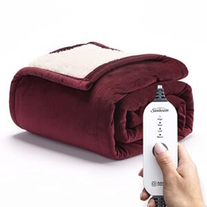 Sunbeam Royal Mink Sherpa Cabernet Heated Personal Throw / Blanket, Cozy-Warm, Adjustable Heat Settings