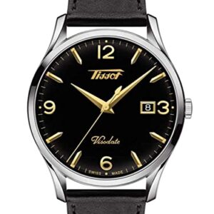 Tissot Mens Heritage Visodate 316L Stainless Steel case Swiss Quartz Watch, Black, Leather, 20 (T1184101605701)